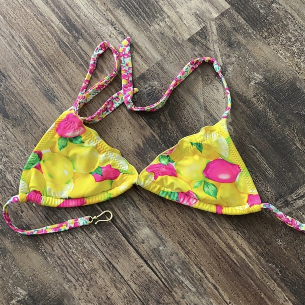 Colorful Tropical Fruit Print Bikini Top Lemon Persimmon